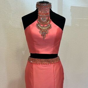 Rachel Allan Size 8 Two Piece Coral Prom Dress with Multicolor Gemstone Details